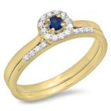 0.30 Carat (ctw) 10K Yellow Gold Round Blue Sapphire & White Diamond Ladies Bridal Halo Engagement Ring With Matching Band Set 1/3 CT