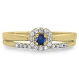 0.30 Carat (ctw) 10K Yellow Gold Round Blue Sapphire & White Diamond Ladies Bridal Halo Engagement Ring With Matching Band Set 1/3 CT