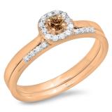0.30 Carat (ctw) 10K Rose Gold Round Cut Champagne & White Diamond Ladies Bridal Halo Engagement Ring With Matching Band Set 1/3 CT