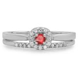 0.30 Carat (ctw) 14K White Gold Round Ruby & White Diamond Ladies Bridal Halo Engagement Ring With Matching Band Set 1/3 CT
