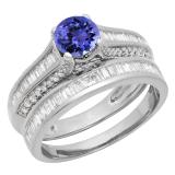 1.25 Carat (ctw) 10K White Gold Round & Baguette Cut Tanzanite & White Diamond Ladies Vintage Bridal Engagement Ring Set 1 1/4 CT