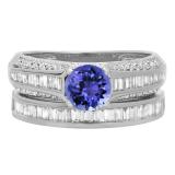 1.25 Carat (ctw) 10K White Gold Round & Baguette Cut Tanzanite & White Diamond Ladies Vintage Bridal Engagement Ring Set 1 1/4 CT