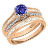 1.25 Carat (ctw) 14K Rose Gold Round & Baguette Cut Tanzanite & White Diamond Ladies Vintage Bridal Engagement Ring Set 1 1/4 CT
