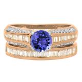 1.25 Carat (ctw) 14K Rose Gold Round & Baguette Cut Tanzanite & White Diamond Ladies Vintage Bridal Engagement Ring Set 1 1/4 CT