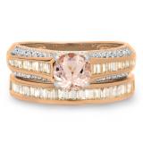1.25 Carat (ctw) 14K Rose Gold Round & Baguette Cut Morganite & White Diamond Ladies Vintage Bridal Engagement Ring Set 1 1/4 CT