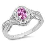 0.75 Carat (ctw) 14K White Gold Oval & Round Cut Pink Sapphire & White Diamond Ladies Swirl Split Shank Bridal Halo Engagement Ring 3/4 CT