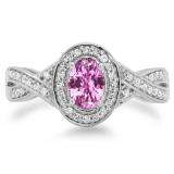 0.75 Carat (ctw) 14K White Gold Oval & Round Cut Pink Sapphire & White Diamond Ladies Swirl Split Shank Bridal Halo Engagement Ring 3/4 CT