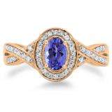 0.75 Carat (ctw) 10K Rose Gold Oval & Round Cut Tanzanite & White Diamond Ladies Swirl Split Shank Bridal Halo Engagement Ring 3/4 CT