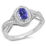 0.75 Carat (ctw) 10K White Gold Oval & Round Cut Tanzanite & White Diamond Ladies Swirl Split Shank Bridal Halo Engagement Ring 3/4 CT