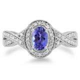 0.75 Carat (ctw) 10K White Gold Oval & Round Cut Tanzanite & White Diamond Ladies Swirl Split Shank Bridal Halo Engagement Ring 3/4 CT