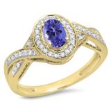 0.75 Carat (ctw) 10K Yellow Gold Oval & Round Cut Tanzanite & White Diamond Ladies Swirl Split Shank Bridal Halo Engagement Ring 3/4 CT