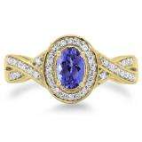 0.75 Carat (ctw) 10K Yellow Gold Oval & Round Cut Tanzanite & White Diamond Ladies Swirl Split Shank Bridal Halo Engagement Ring 3/4 CT
