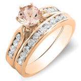 1.00 Carat (ctw) 14k Rose Gold Round Morganite & White Diamond Ladies Bridal Engagement Ring Set With Matching Band 1 CT