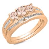 1.10 Carat (ctw) 10K Rose Gold Round Morganite & White Diamond Ladies Bridal 3 Stone Engagement Ring With Matching Band Set 1 CT