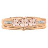 1.10 Carat (ctw) 10K Rose Gold Round Morganite & White Diamond Ladies Bridal 3 Stone Engagement Ring With Matching Band Set 1 CT