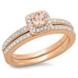 0.50 Carat (ctw) 14K Rose Gold Round Cut Morganite & White Diamond Ladies Bridal Halo Engagement Ring With Matching Band Set 1/2 CT