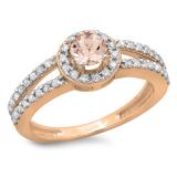 0.90 Carat (ctw) 14K Rose Gold Round Cut Morganite & White Diamond Ladies Bridal Split Shank Halo Style Engagement Ring