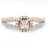 0.90 Carat (ctw) 14K Rose Gold Round Cut Morganite & White Diamond Ladies Bridal Split Shank Halo Style Engagement Ring