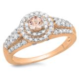 1.00 Carat (ctw) 18K Rose Gold Round Cut Morganite & White Diamond Ladies Vintage Style Bridal Halo Engagement Ring 1 CT