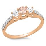 0.75 Carat (ctw) 18K Rose Gold Round Cut Morganite & White Diamond Ladies Bridal 3 Stone Engagement Ring 3/4 CT