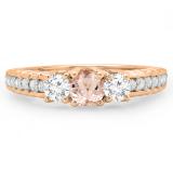 1.00 Carat (ctw) 14K Rose Gold Round Cut Morganite & White Diamond Ladies Bridal 3 Stone Engagement Ring 1 CT