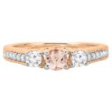 0.75 Carat (ctw) 18K Rose Gold Round Cut Morganite & White Diamond Ladies Bridal 3 Stone Engagement Ring 3/4 CT