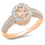 1.00 Carat (ctw) 10K Rose Gold Round Morganite & White Diamond Ladies Bridal Vintage Halo Style Engagement Ring 1 CT