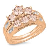 2.25 Carat (ctw) 18K Rose Gold Round Cut Morganite & White Diamond Ladies Bridal 3 Stone Engagement Ring With Matching Band Set 2 1/4 CT