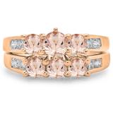 2.25 Carat (ctw) 18K Rose Gold Round Cut Morganite & White Diamond Ladies Bridal 3 Stone Engagement Ring With Matching Band Set 2 1/4 CT