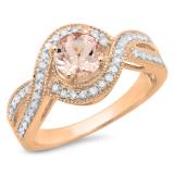 1.15 Carat (ctw) 10K Rose Gold Round Cut Morganite & White Diamond Ladies Twisted Swirl Split Shank Bridal Halo Engagement Ring