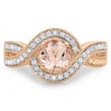 1.15 Carat (ctw) 10K Rose Gold Round Cut Morganite & White Diamond Ladies Twisted Swirl Split Shank Bridal Halo Engagement Ring