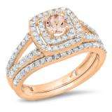 1.00 Carat (ctw) 10K Rose Gold Round Cut Morganite & White Diamond Ladies Bridal Split Shank Halo Engagement Ring With Matching Band Set 1 CT