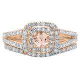 1.00 Carat (ctw) 18K Rose Gold Round Cut Morganite & White Diamond Ladies Bridal Split Shank Halo Engagement Ring With Matching Band Set 1 CT