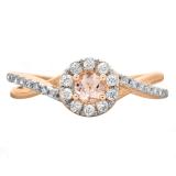 0.50 CT 10K Rose Gold Round Cut Morganite & White Diamond Ladies Swirl Split Shank Bridal Halo Engagement Ring