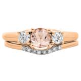 1.15 Carat (ctw) 14K Rose Gold Round Cut Morganite & White Diamond Ladies Bridal 3 Stone Engagement Ring With Matching Wedding Band Set