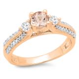 0.75 Carat (ctw) 10K Rose Gold Round Cut Morganite & White Diamond Ladies Bridal 3 Stone Engagement Ring 3/4 CT