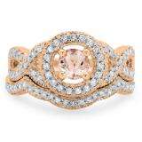 1.00 Carat (ctw) 14K Rose Gold Round Cut Morganite & White Diamond Ladies Swirl Bridal Halo Engagement Ring With Matching Band Set 1 CT