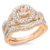 1.00 Carat (ctw) 18K Rose Gold Round Cut Morganite & White Diamond Ladies Swirl Bridal Halo Engagement Ring With Matching Band Set 1 CT