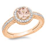 1.00 Carat (ctw) 18K Rose Gold Round Cut Morganite & White Diamond Ladies Bridal Vintage Halo Style Engagement Ring 1 CT
