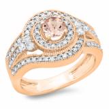 0.90 Carat (ctw) 10K Rose Gold Round Morganite & White Diamond Ladies Vintage Twisted Style Bridal Halo Engagement Ring