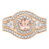 0.90 Carat (ctw) 10K Rose Gold Round Morganite & White Diamond Ladies Vintage Twisted Style Bridal Halo Engagement Ring