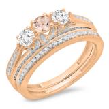 1.00 Carat (ctw) 18K Rose Gold Round Cut Morganite & White Diamond Ladies Bridal 3 Stone Engagement Ring With Matching Band Set 1 CT