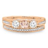 1.00 Carat (ctw) 18K Rose Gold Round Cut Morganite & White Diamond Ladies Bridal 3 Stone Engagement Ring With Matching Band Set 1 CT