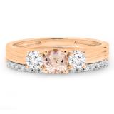 1.00 Carat (ctw) 18K Rose Gold Round Cut Morganite & White Diamond Ladies Bridal 3 Stone Engagement Ring Matching Band Set 1 CT