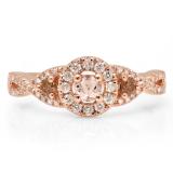 0.60 Carat (ctw) 10K Rose Gold Round MorganiteChampagne & White Diamond Ladies 3 Stone Swirl Halo Style Vintage Bridal Engagement Ring
