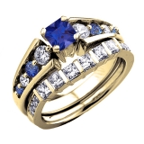 1.75 Carat (ctw) 10K Yellow Gold Princess & Round White Diamond And Blue Sapphire Ladies Bridal Engagement Ring Set 1 3/4 CT