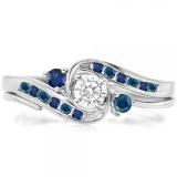 0.50 Carat (ctw) 10K White Gold Round Blue & White Diamond & Blue Sapphire Ladies Swirl Bridal Engagement Ring Set 1/2 CT