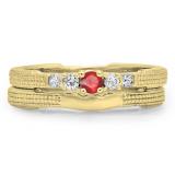 0.30 Carat (ctw) 10K Yellow Gold Round & Princess Ruby & White Diamond Ladies 5 Stone Bridal Engagement Ring Matching Band Set 1/3 CT