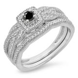 0.45 Carat (ctw) 10K White Gold Round White & Black Diamond Ladies Bridal Halo Engagement Ring With Matching Band Set 1/2 CT