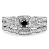 0.45 Carat (ctw) 10K White Gold Round White & Black Diamond Ladies Bridal Halo Engagement Ring With Matching Band Set 1/2 CT